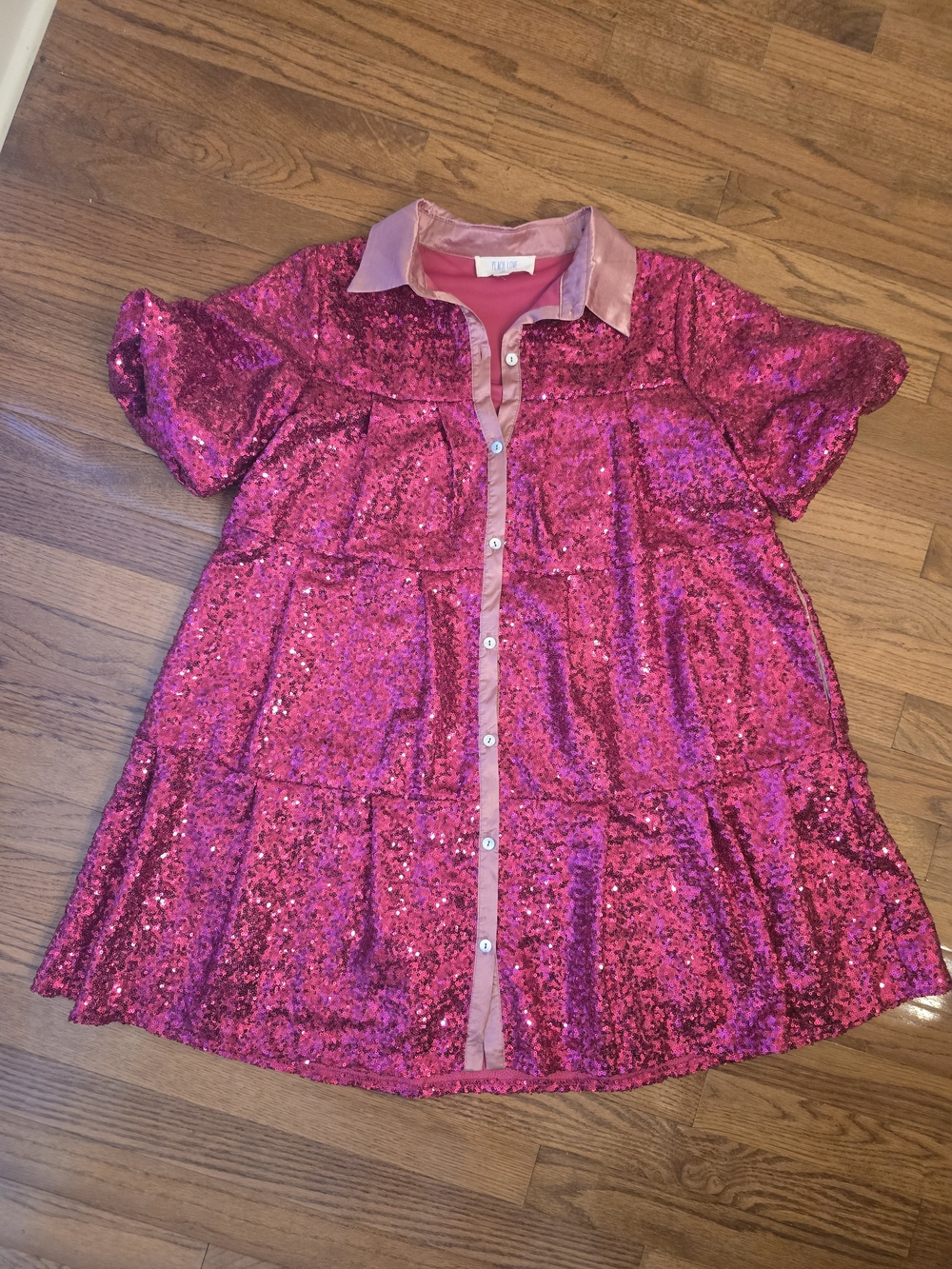 Peach Love California Pink Satin-Trim Button Front Dress Size Small